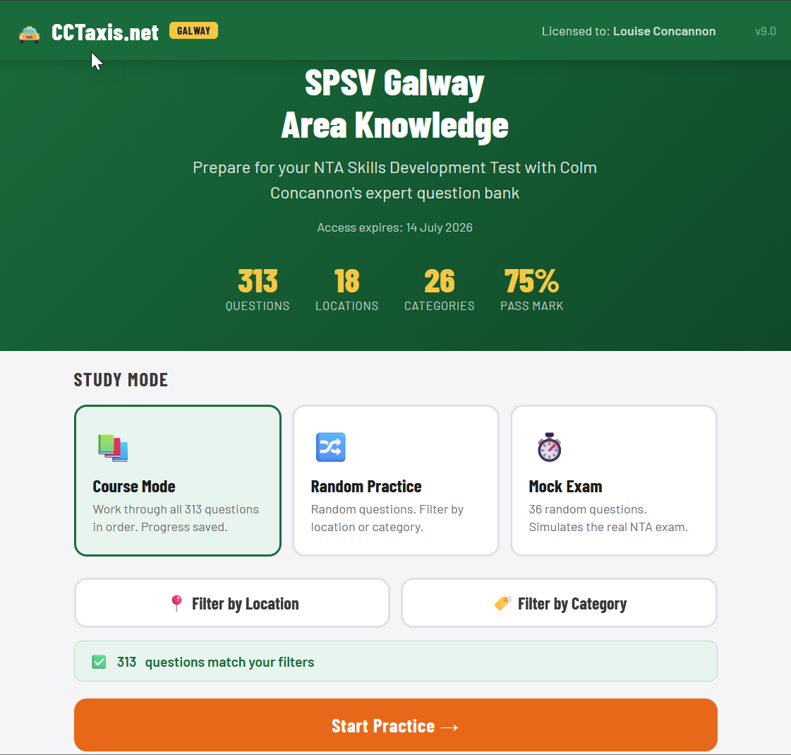 SPSV online training dashboard Ireland